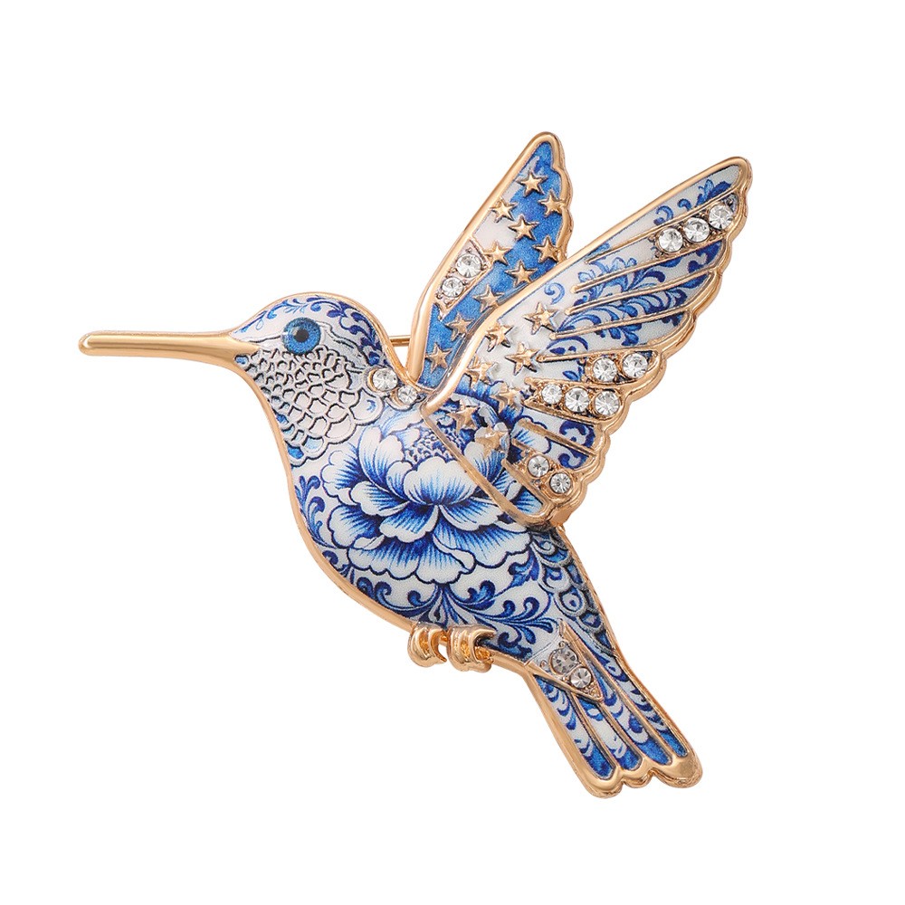 Blue White Porcelain Floral Hummingbird Brooch Crystal Enamel Bird Lapel Pin