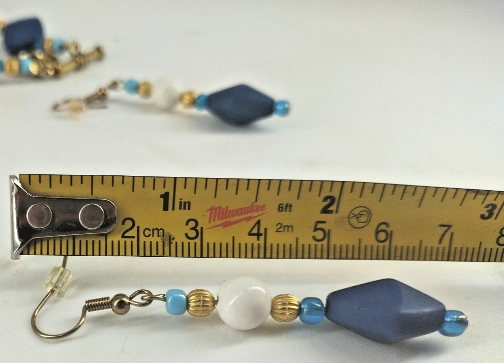 Costume Jewelry Blue Gold & White Beaded Bejeweled Pendent Necklace & Earrings