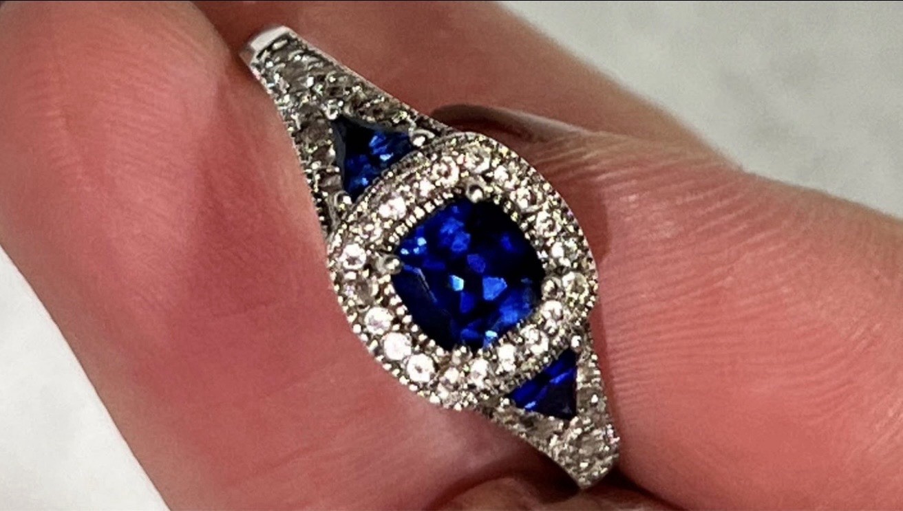 Previously Owned Cushion-Cut Lab-Created Blue and White Sapphire Frame Ring