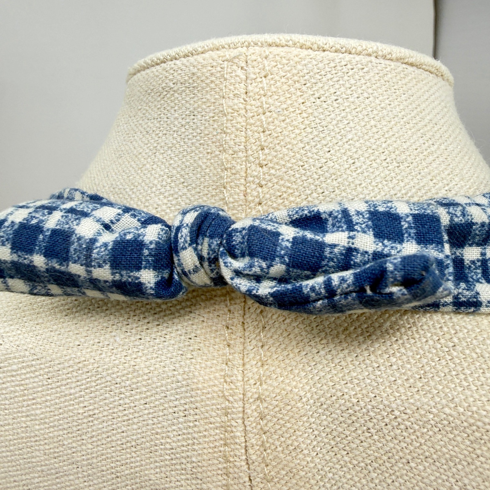Blue Gingham Fabric Tie Necklace with Natural Wood Beads Cottagecore Vintage 80s