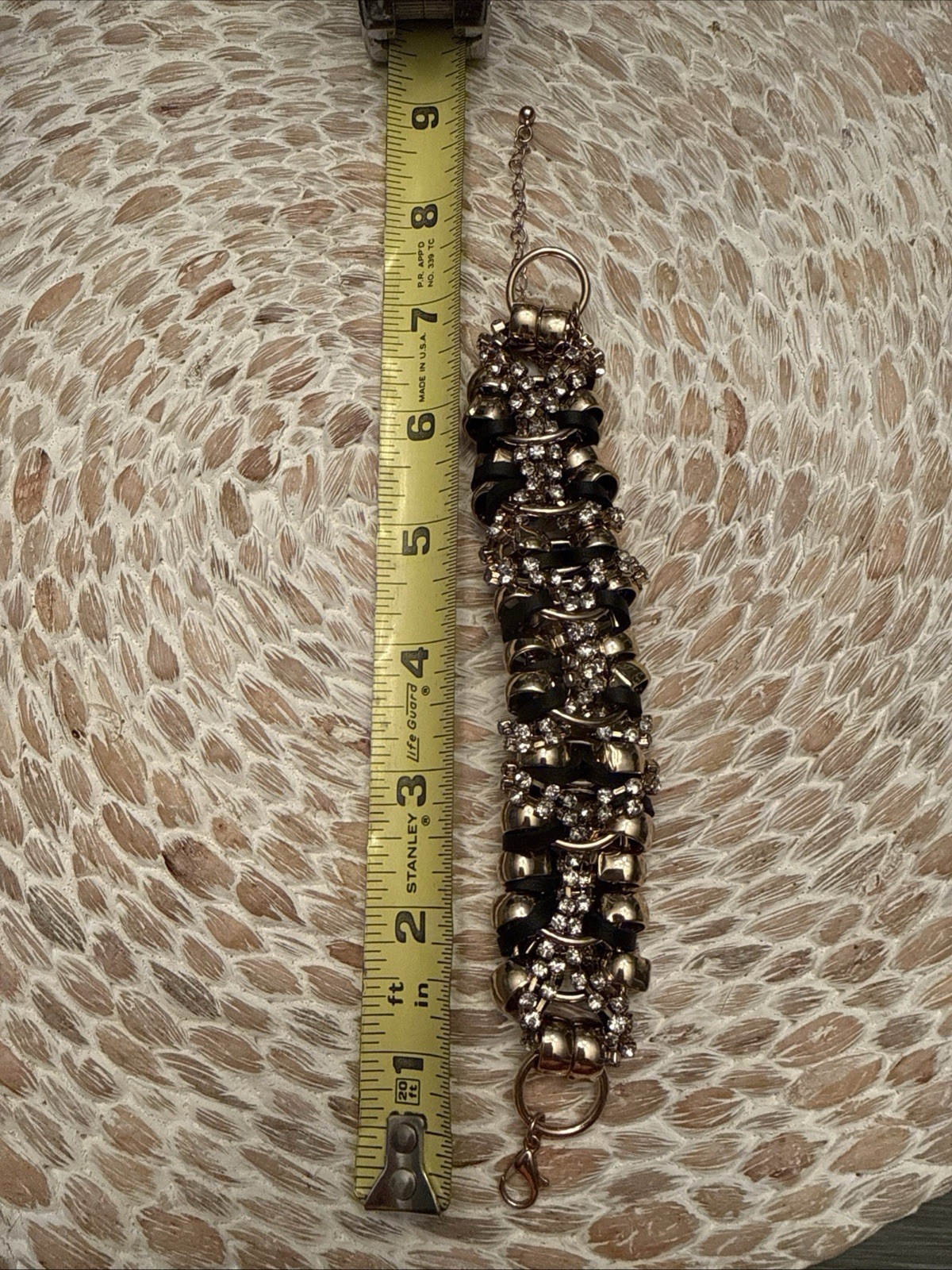 Chunky Bracelet Gold Rhinestones and Black Leather Adjustable New J03