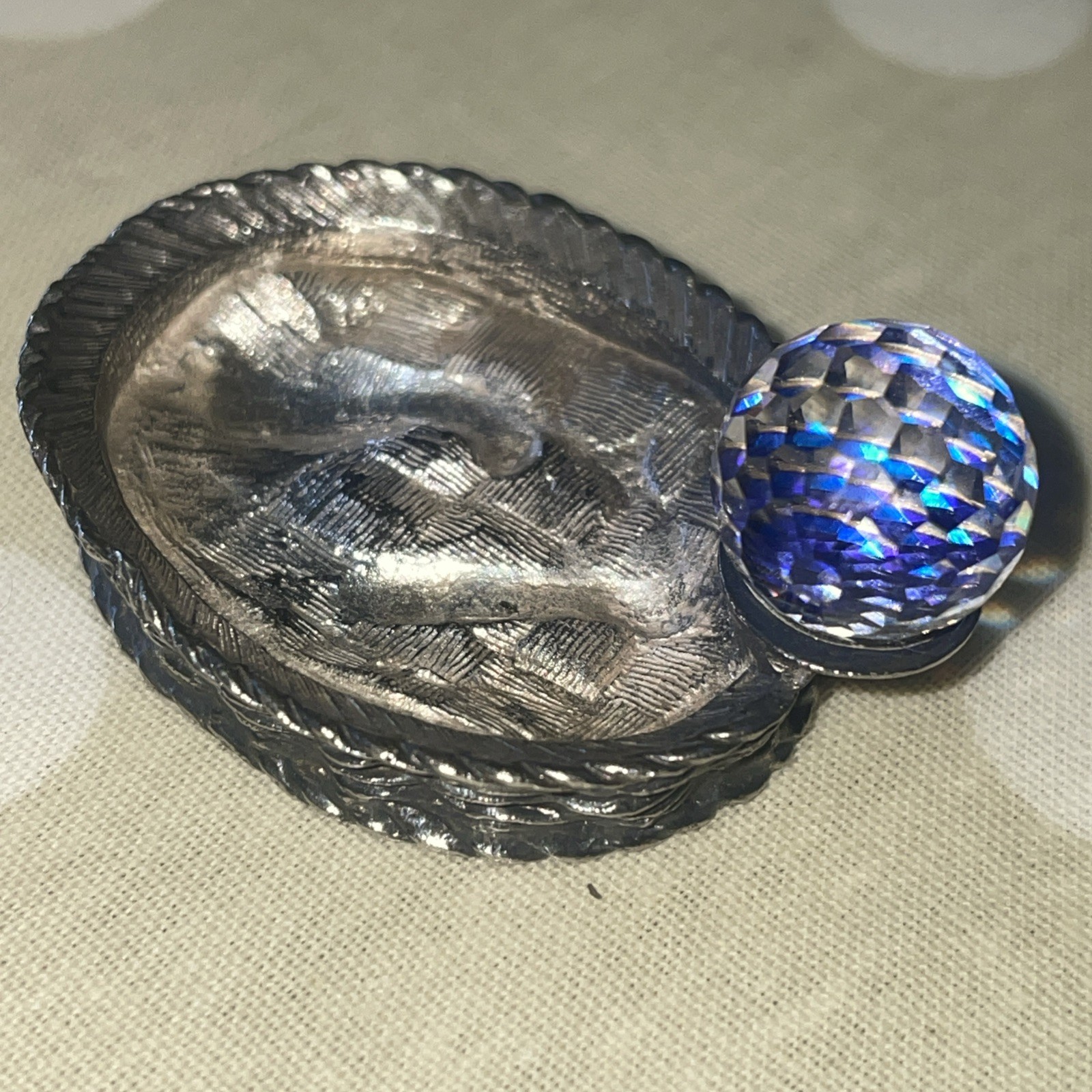 Exquisite Sm Metal Trinket Cobalt Glass Ball Mark Exquisite Base Curio Pewter?