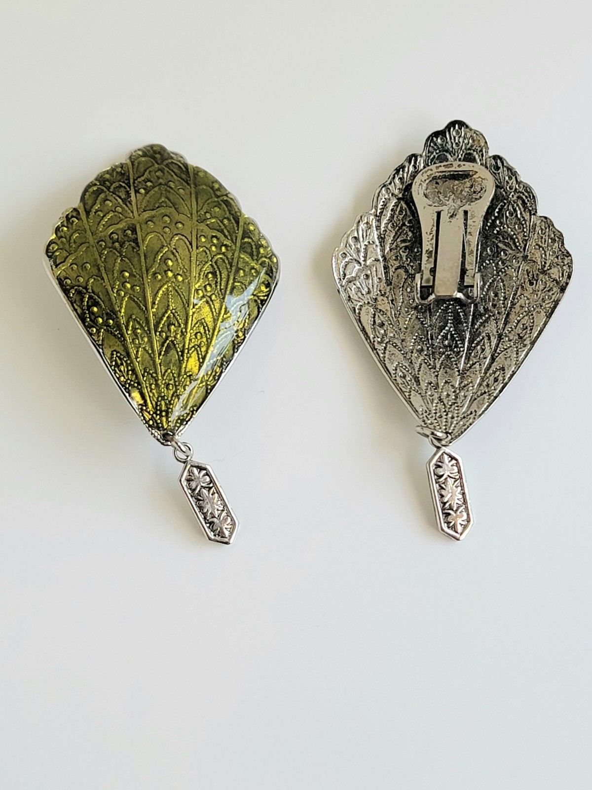 Art Deco Bohemian Fan Earrings Green Enamel Dangle Clip Ons
