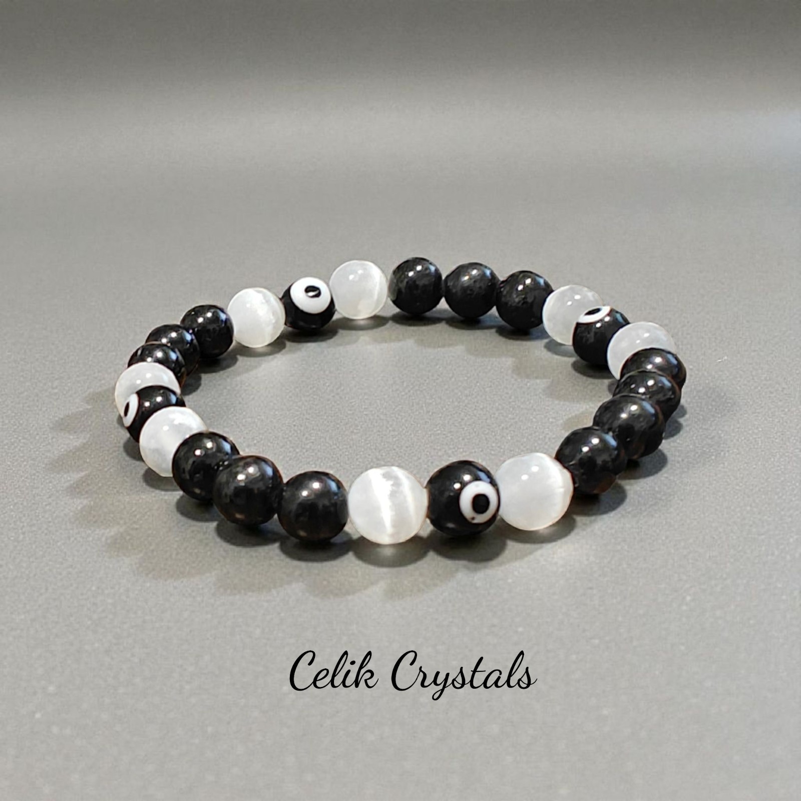 Selenite Black Tourmaline Evil Eye Bracelet Handmade 8mm Natural Unisex