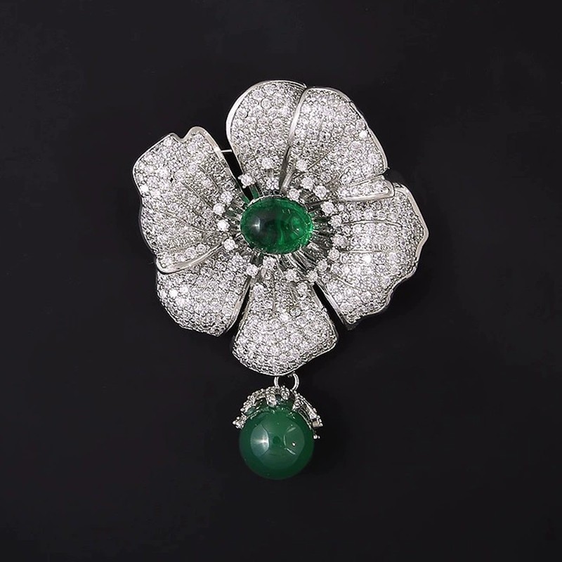 Green Imitation Jade Flower Brooch Pin Women Rhinestone Crystal Floral Gift