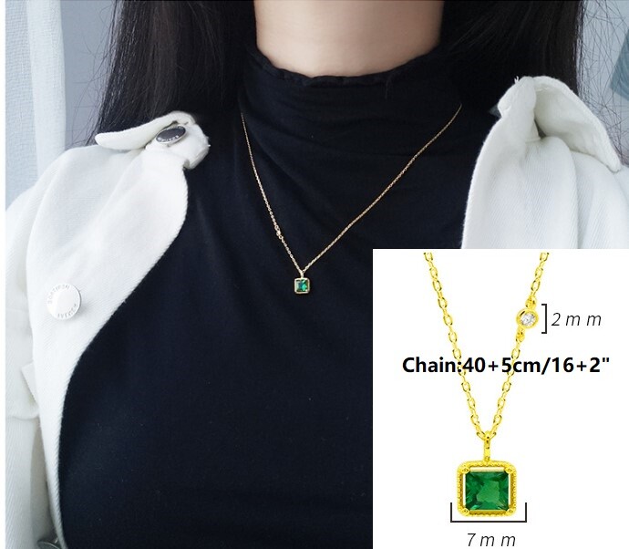 14k Gold Plated Sterling Silver Square Green CZ Pendant Necklace Gift Box D24