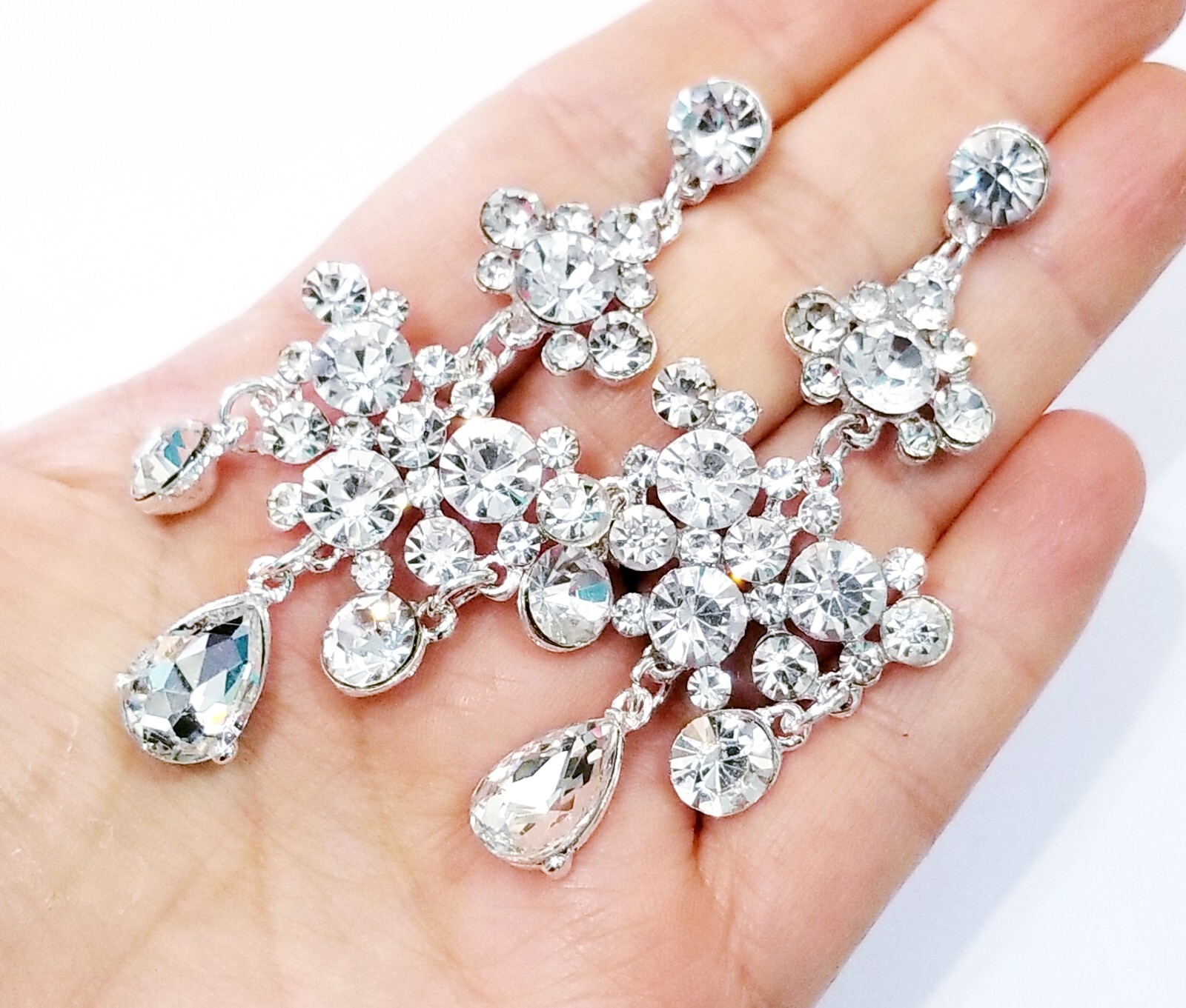Clear Rhinestone Drop Earrings Bridesmaid Prom Pageant Jewelry 3 inch