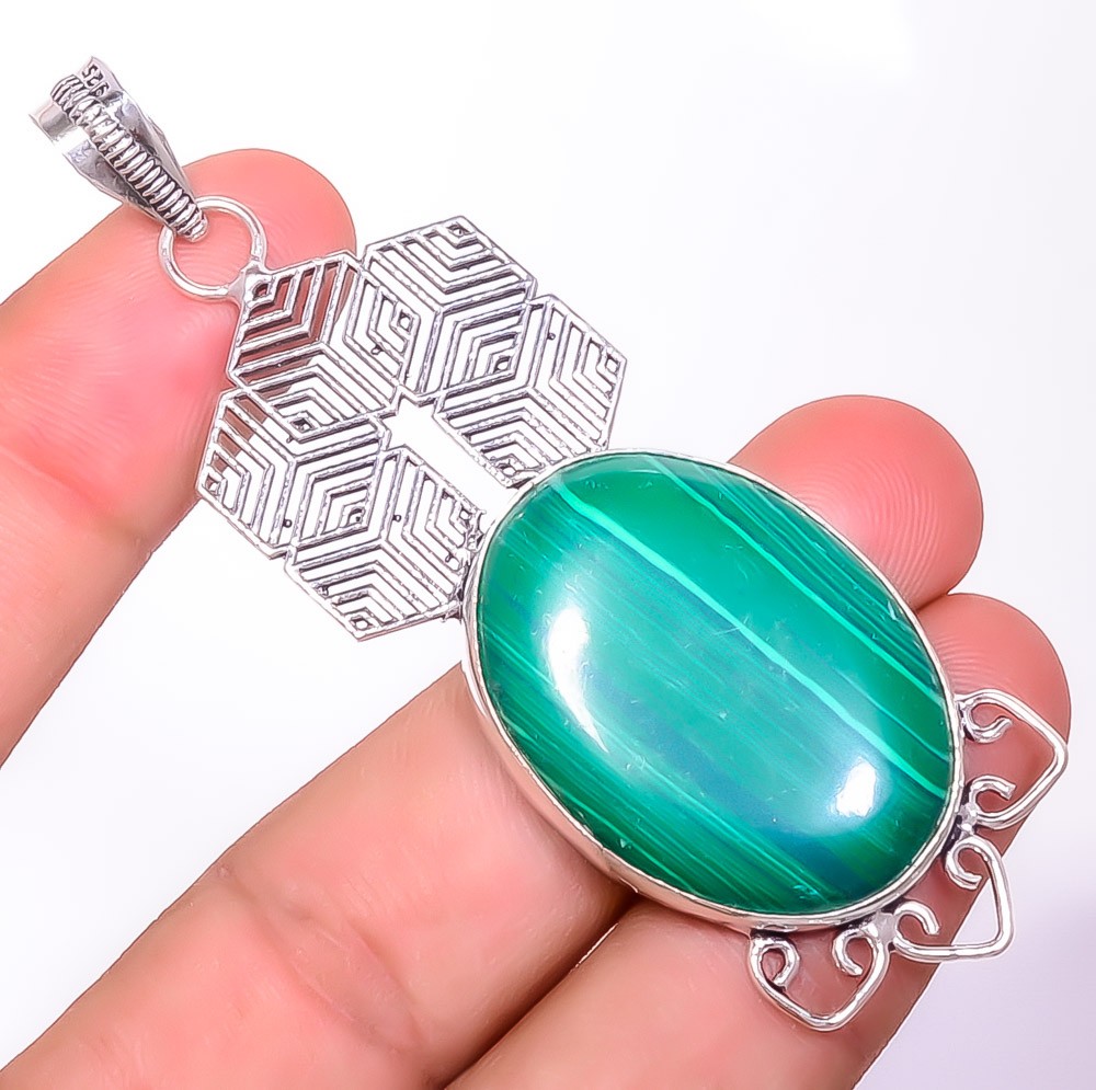 Malachite Gemstone 925 Silver Plated Pendant 3.12″ TP7785-179