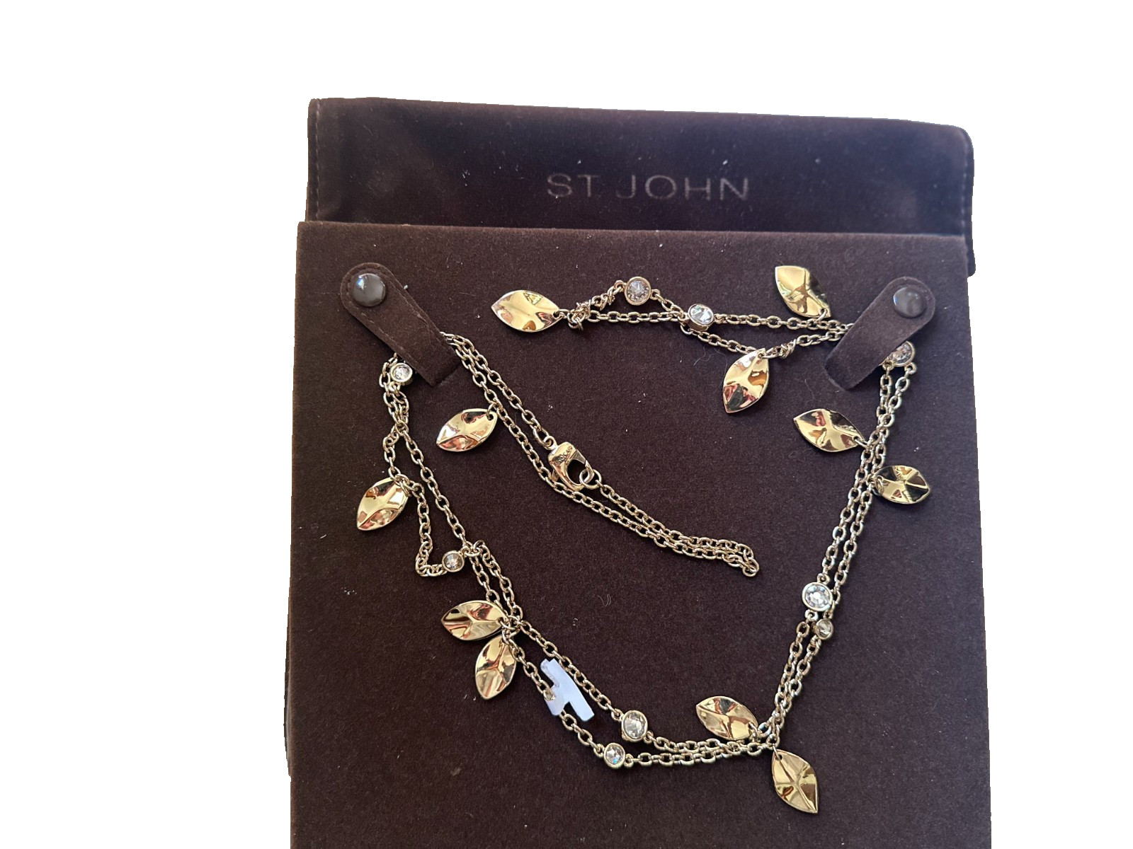 St. John Gold Leaf & Austrian Crystal necklace & velvet case NWOT FREE SHIPPING