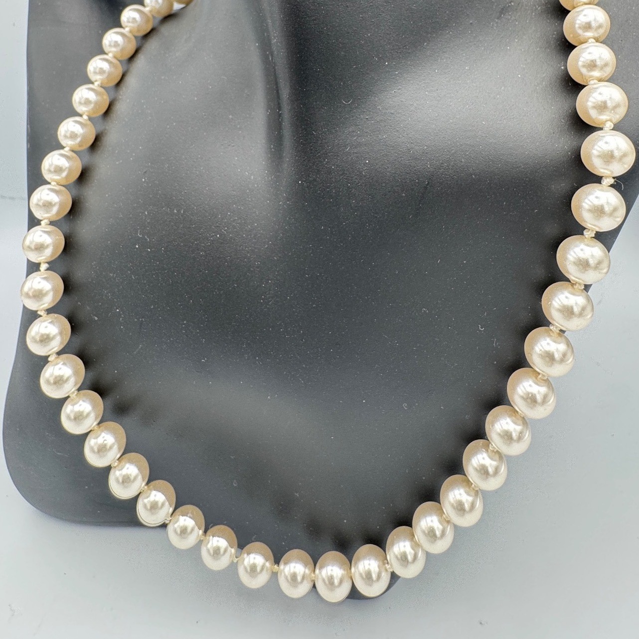 Hand Knotted Faux Pearl Strand Necklace Vintage Filigree Creamy White Clasp 18″