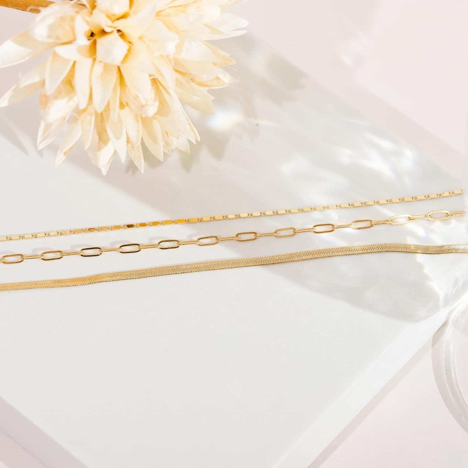 14K Gold Plated Dainty Layering Necklaces for Women | Snake Chain, Curb Link, Pa