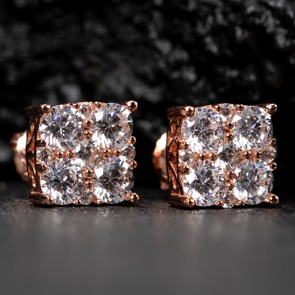 Rose Gold 925 Sterling Silver Square Flower Set Iced Cz Cluster Stud Earrings