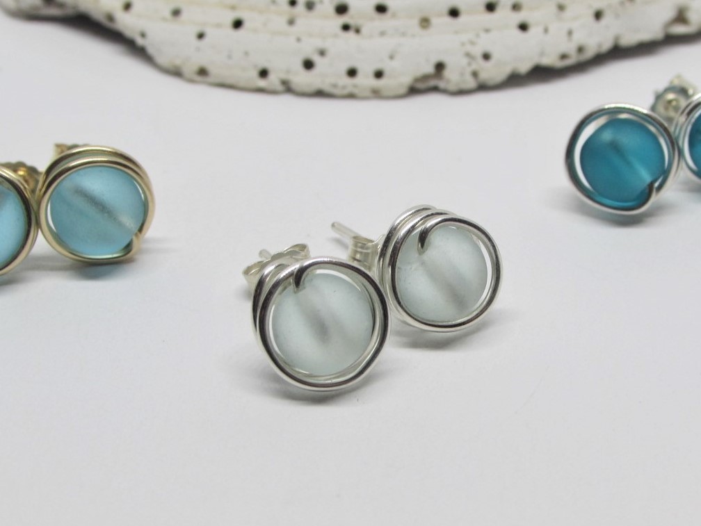 Blue Sea Glass Stud Earrings- Sterling Silver Hypoallergenic- Seaglass Jewelry