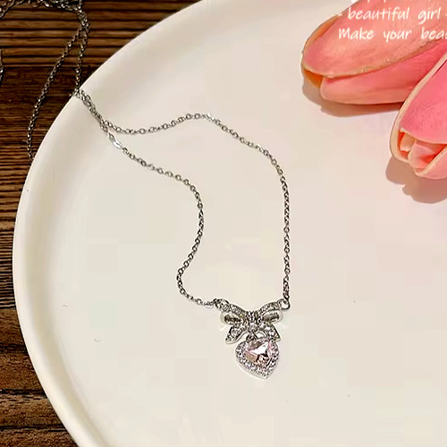 Super Cute Bow Pink HEART Valentine LOVE Rhinestone Betsey Johnson NECKLACE