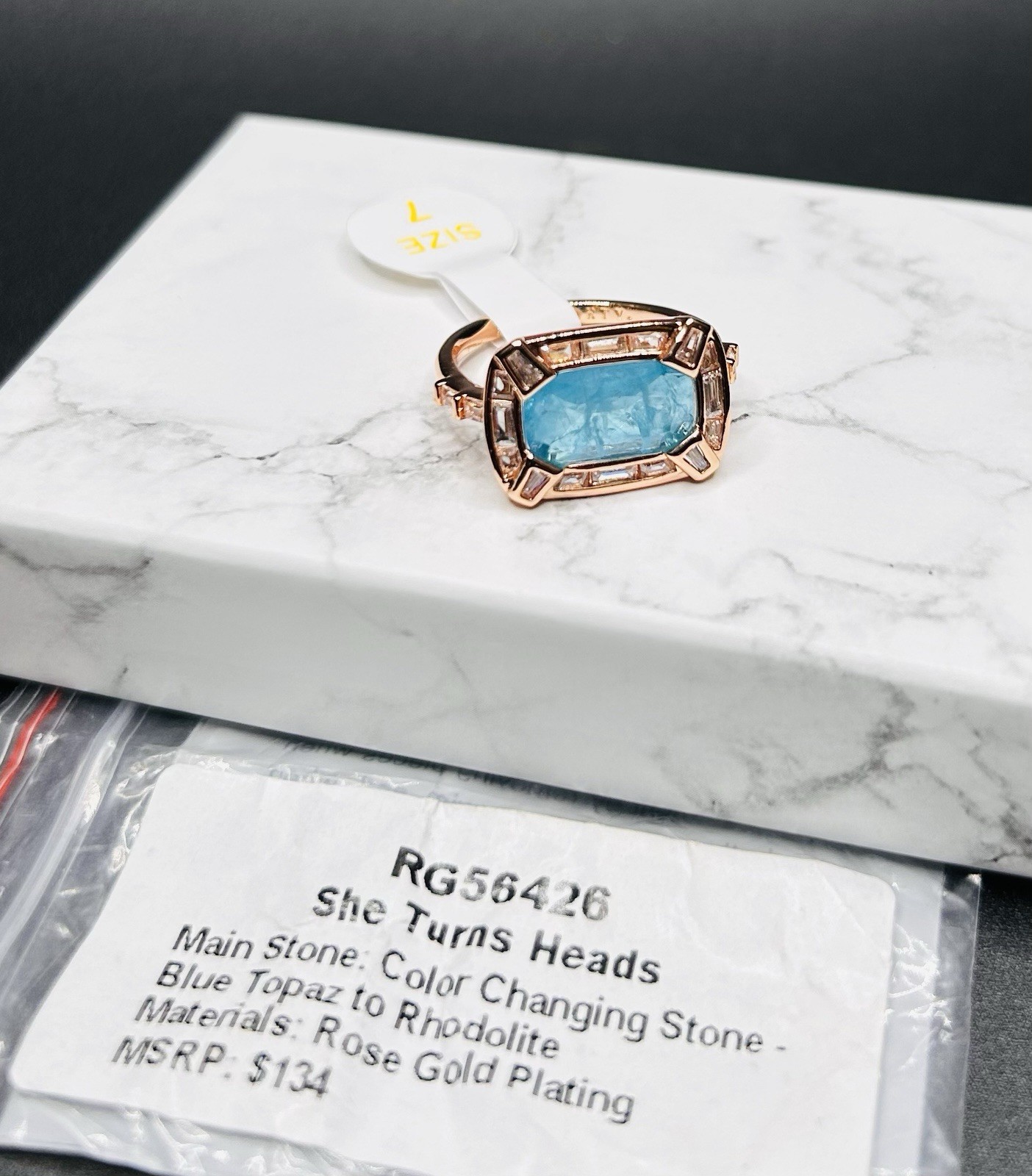 Bomb Party Sz 7 “She Turns Heads” Color Changing Blue Topaz/Rhodolite Rose Gold