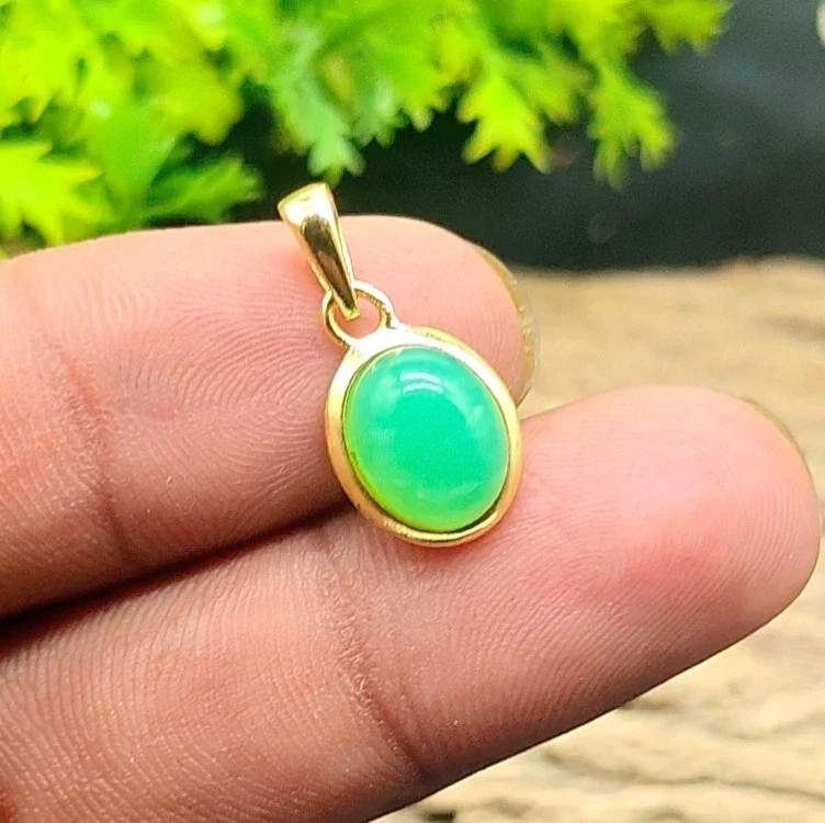 Chrysoprase Gemstone Pendant, 9x11mm Oval Gold Plated Handmade Fashion Jewelry.