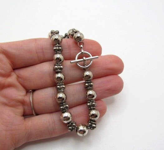 Silver Tone Metal Ball Bead 8mm Round & Mini Beaded Chain Toggle Bracelet 8 Inch