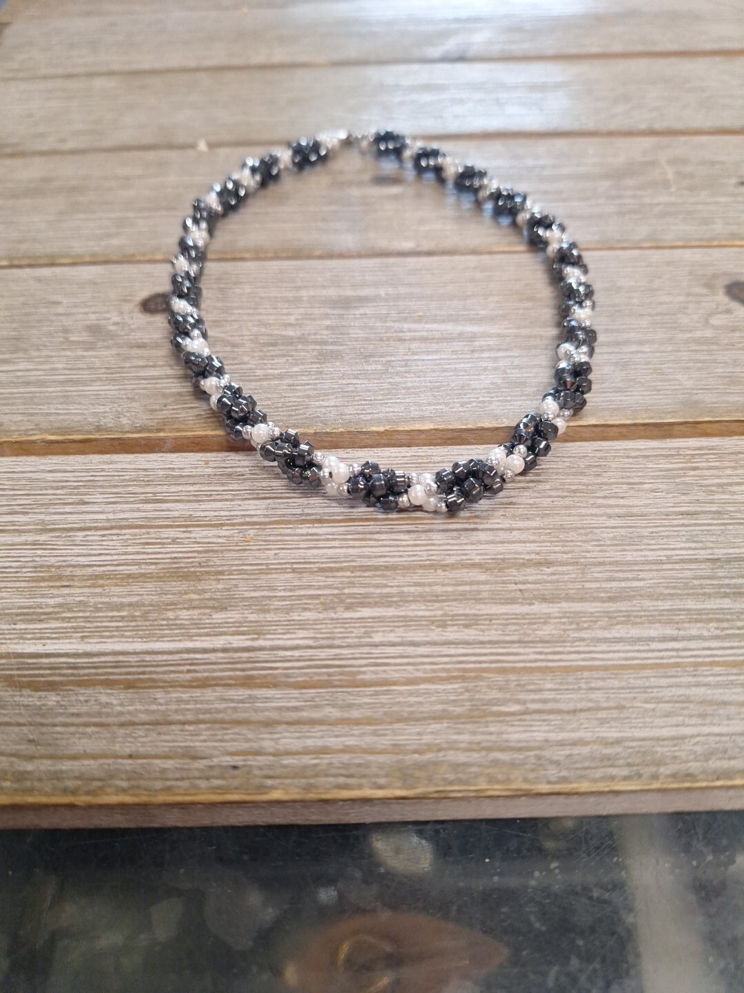 White and Black Beaded Rope Necklace sz 17in