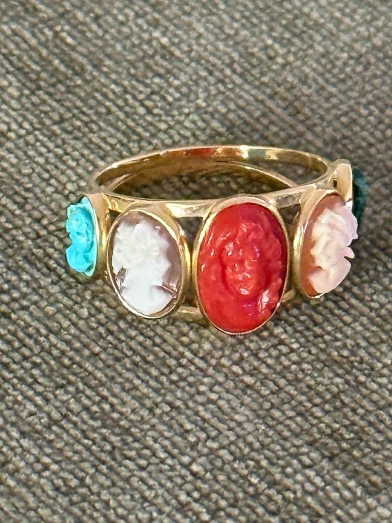 Cameo RING Five Portrait Heads Yellow 14KT Italy, size 7.5