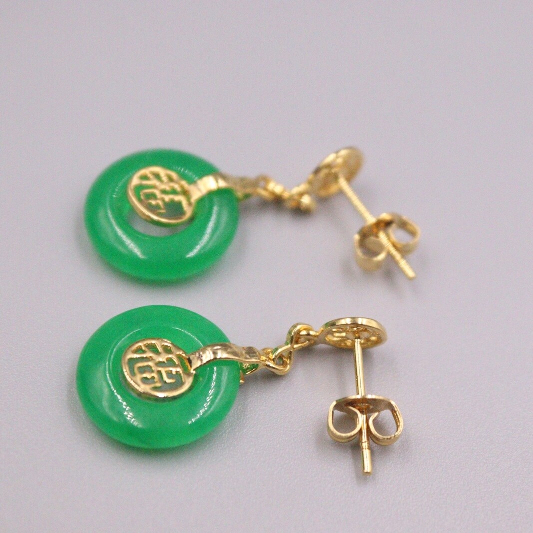 18K GP Alloy Heating Jade Earrings Drop For Women Green Circle 福 Earrings Hook