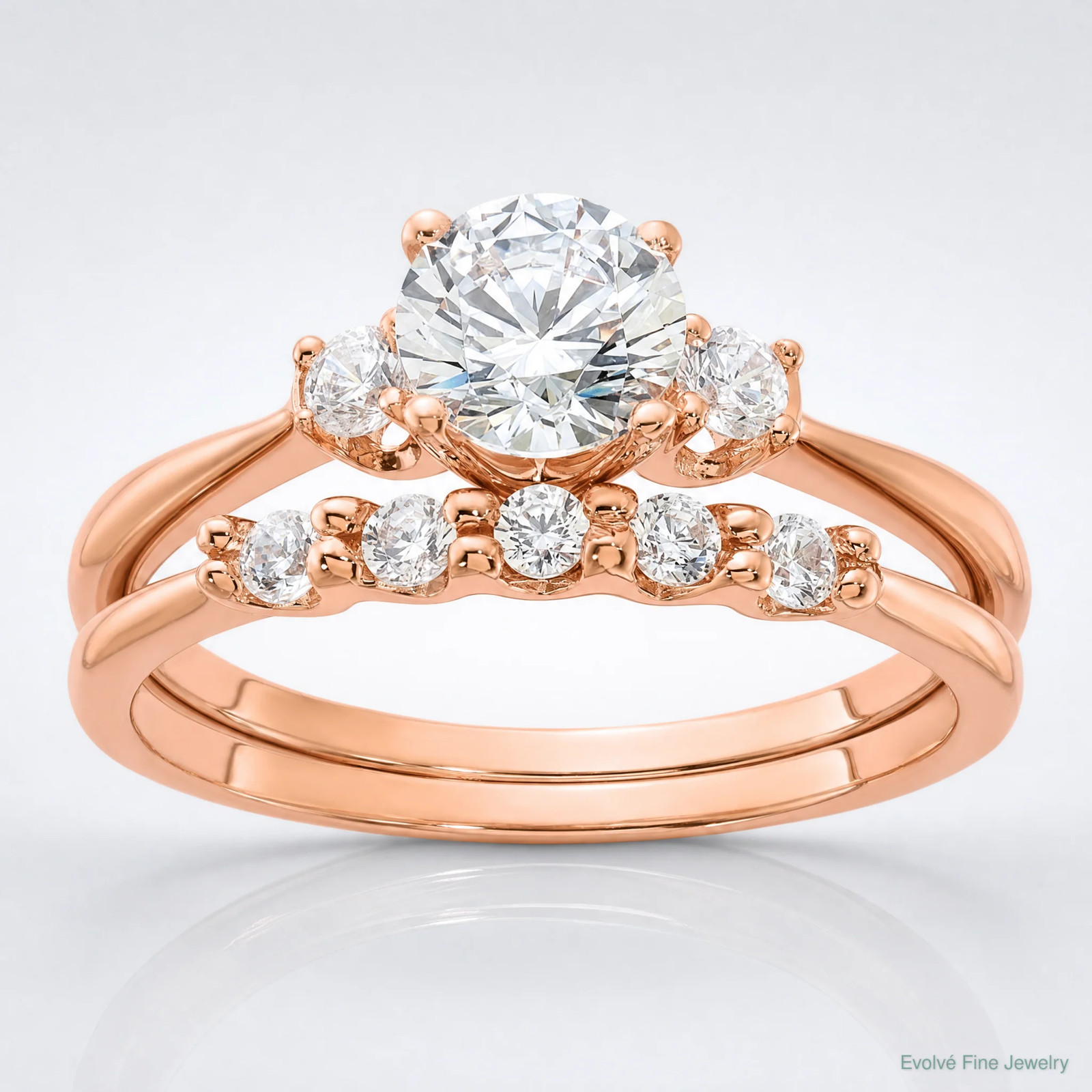 Sterling Silver Rose Gold-Plated Polished CZ Engagement Ring And Band Set