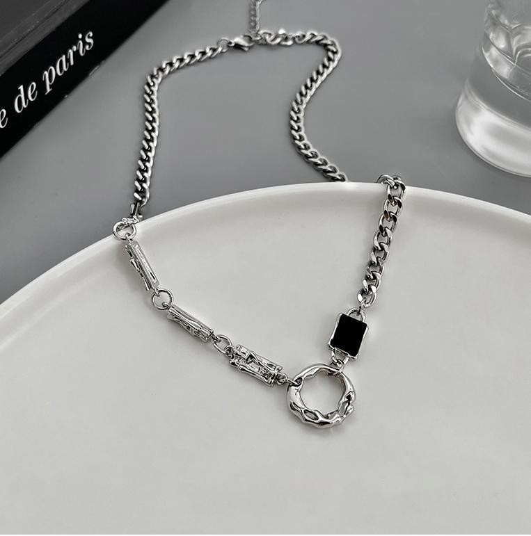 Silver Titanium Mixed Link Necklace Square Black Zirconia Clasp Unisex Jewelry