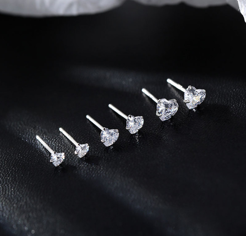3/4/5mm Sterling silver stud earrings Heart Clear CZ prong setting Gift H5