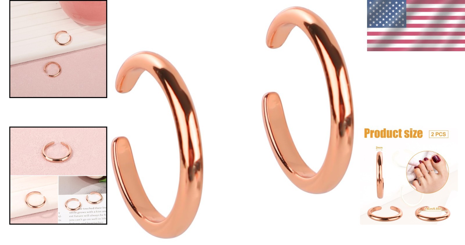 Chic 2 Pcs Open Band Toe Rings – Adjustable Rose Gold Jewelry for Summer