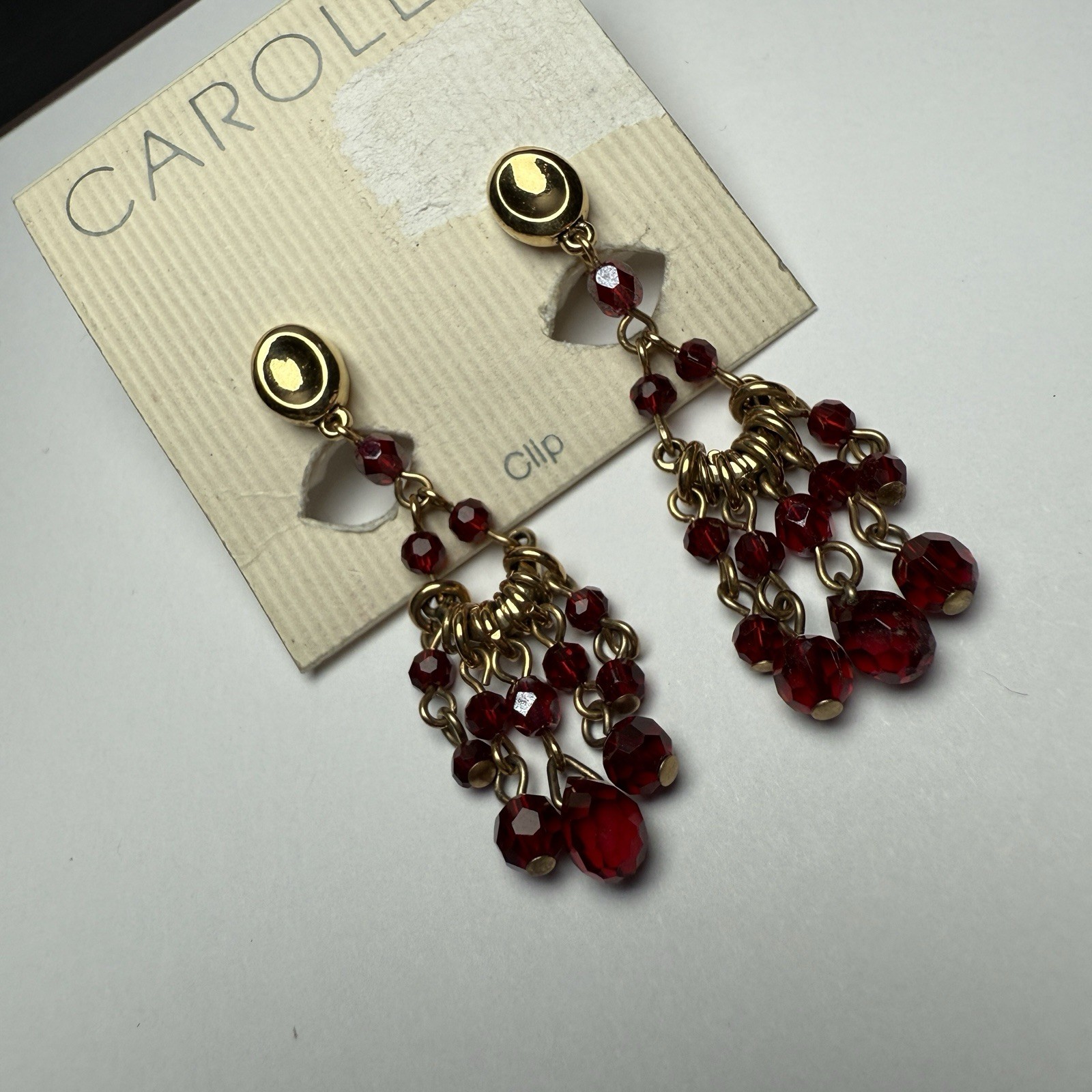 Carolee Red Beaded Chandelier Dangle Drop Earrings Clip-on Gold Tone NWT