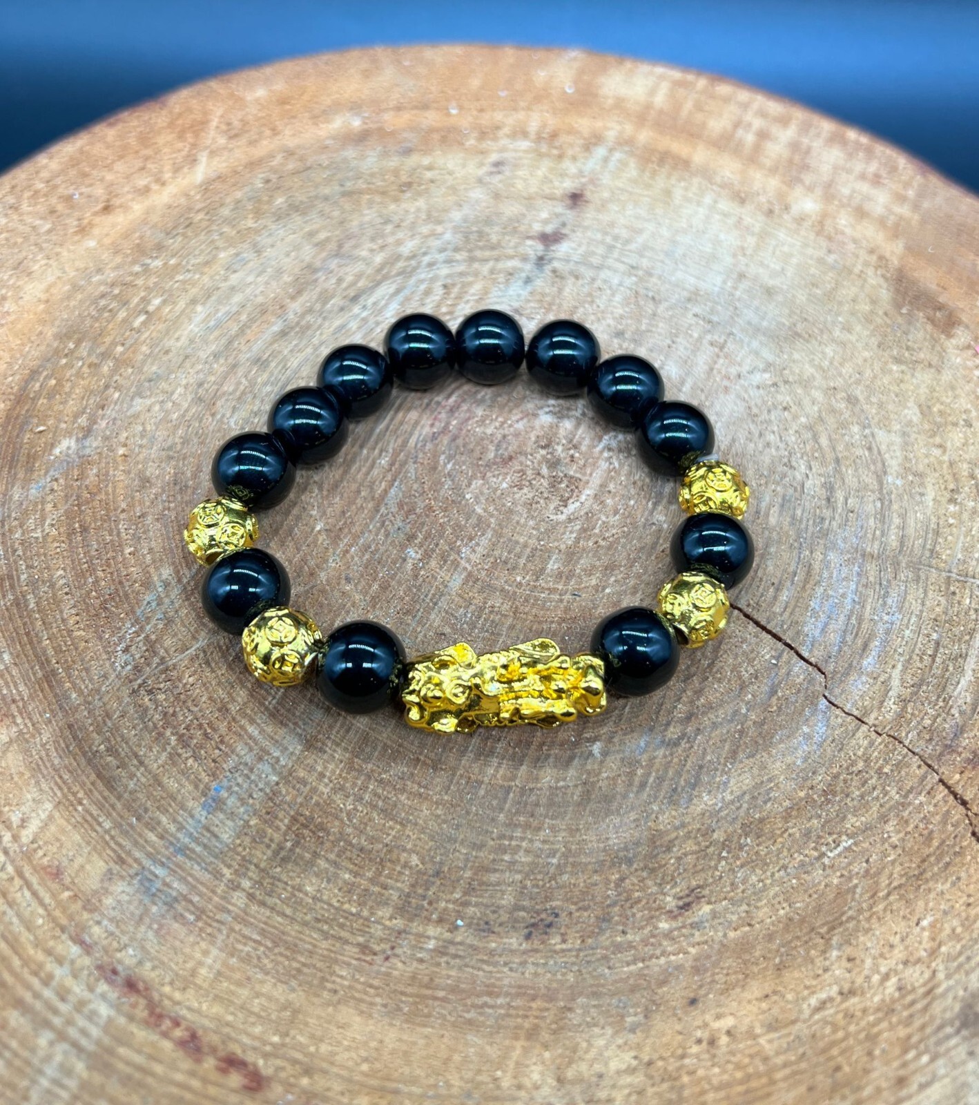 Gold Pixiu Charm Black Stone Beaded Spiritual Lucky Brave Bracelet for Wealth