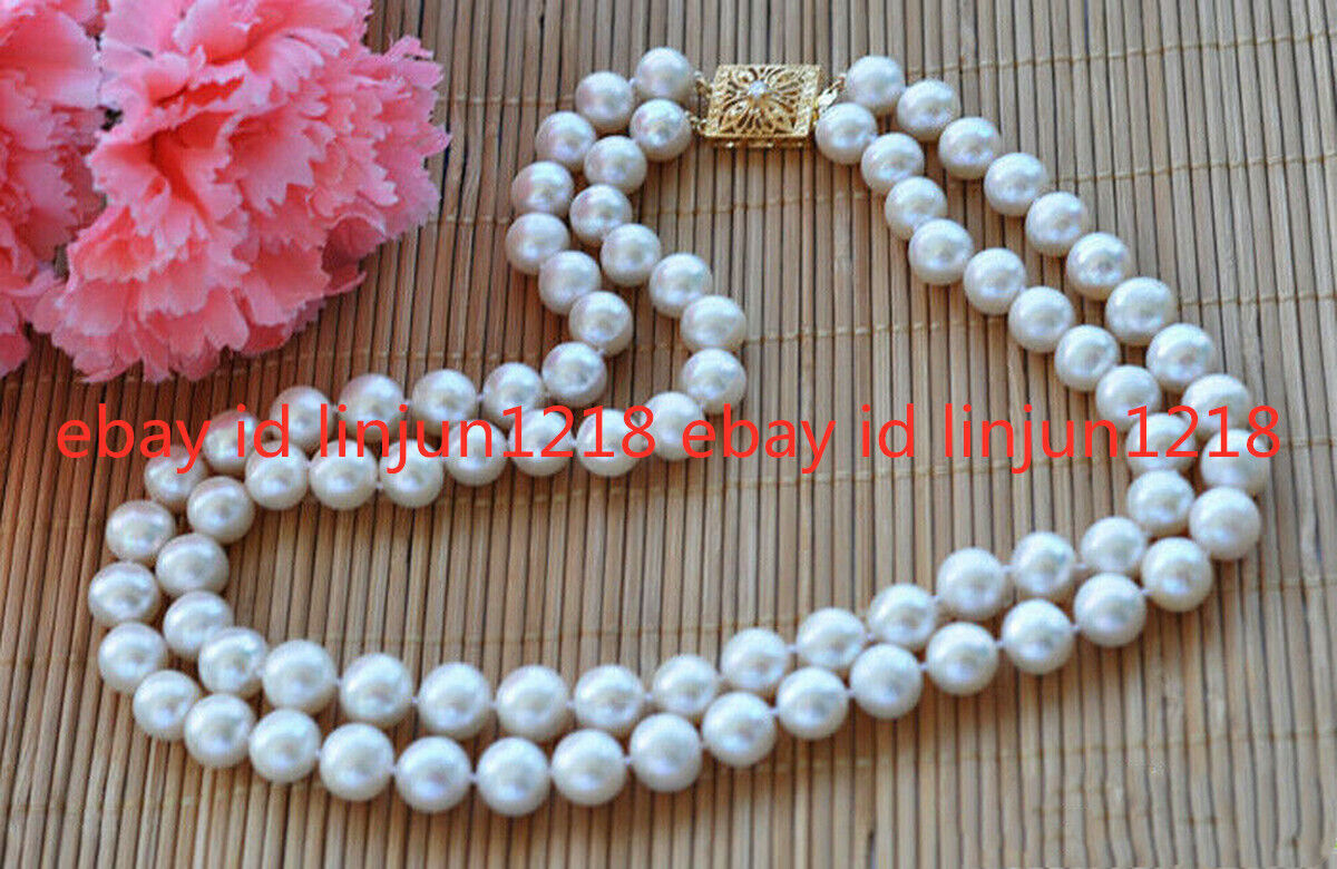 Beautiful 2Row 6-7/7-8//8-9/9-10mm Round White Freshwater Pearl Necklace 18-19in