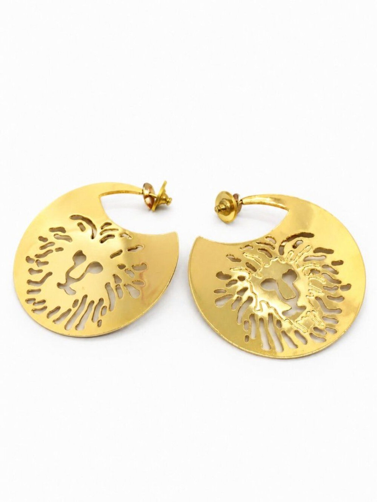 VINTAGE ANNE KLEIN Earrings Gold Tone Lion Logo Cutout Disc Statement 3 Inch