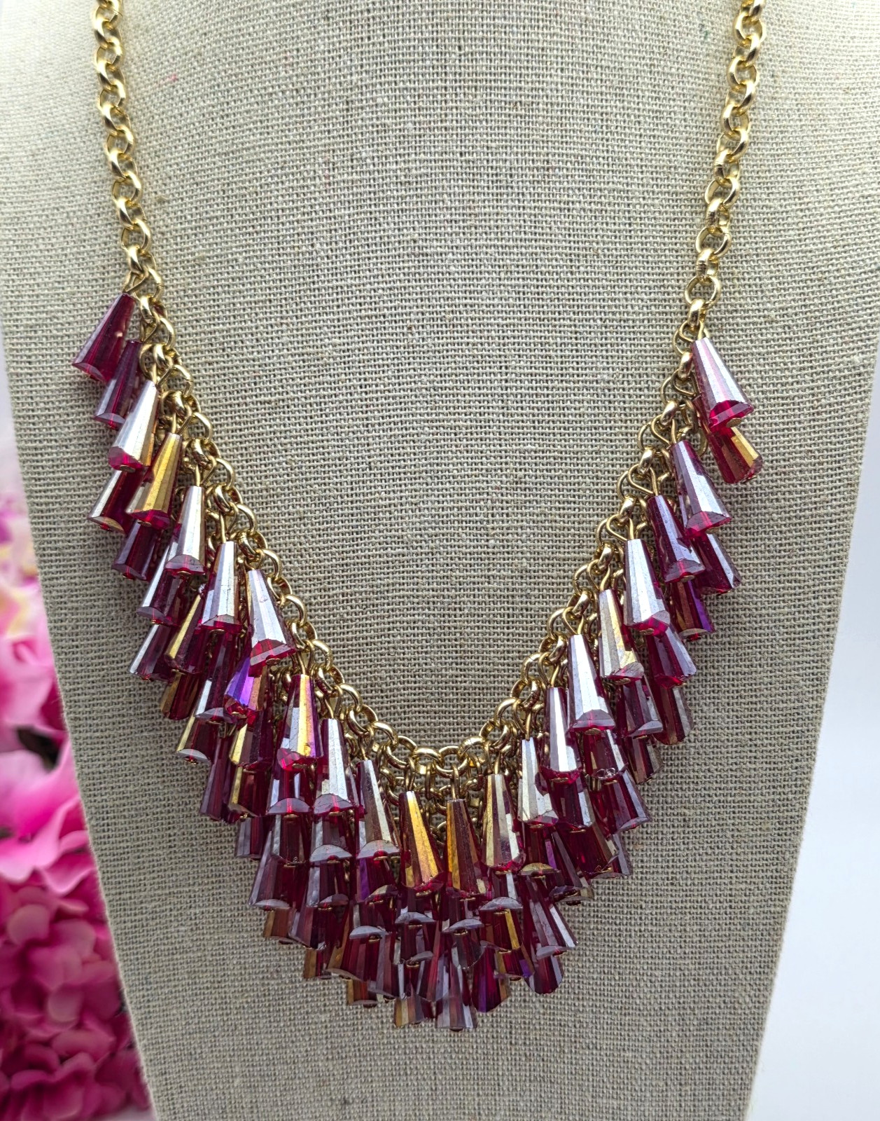 Pink Magenta AB Spike Fringe Bib Statement Necklace Gold Tone 21 In Adj