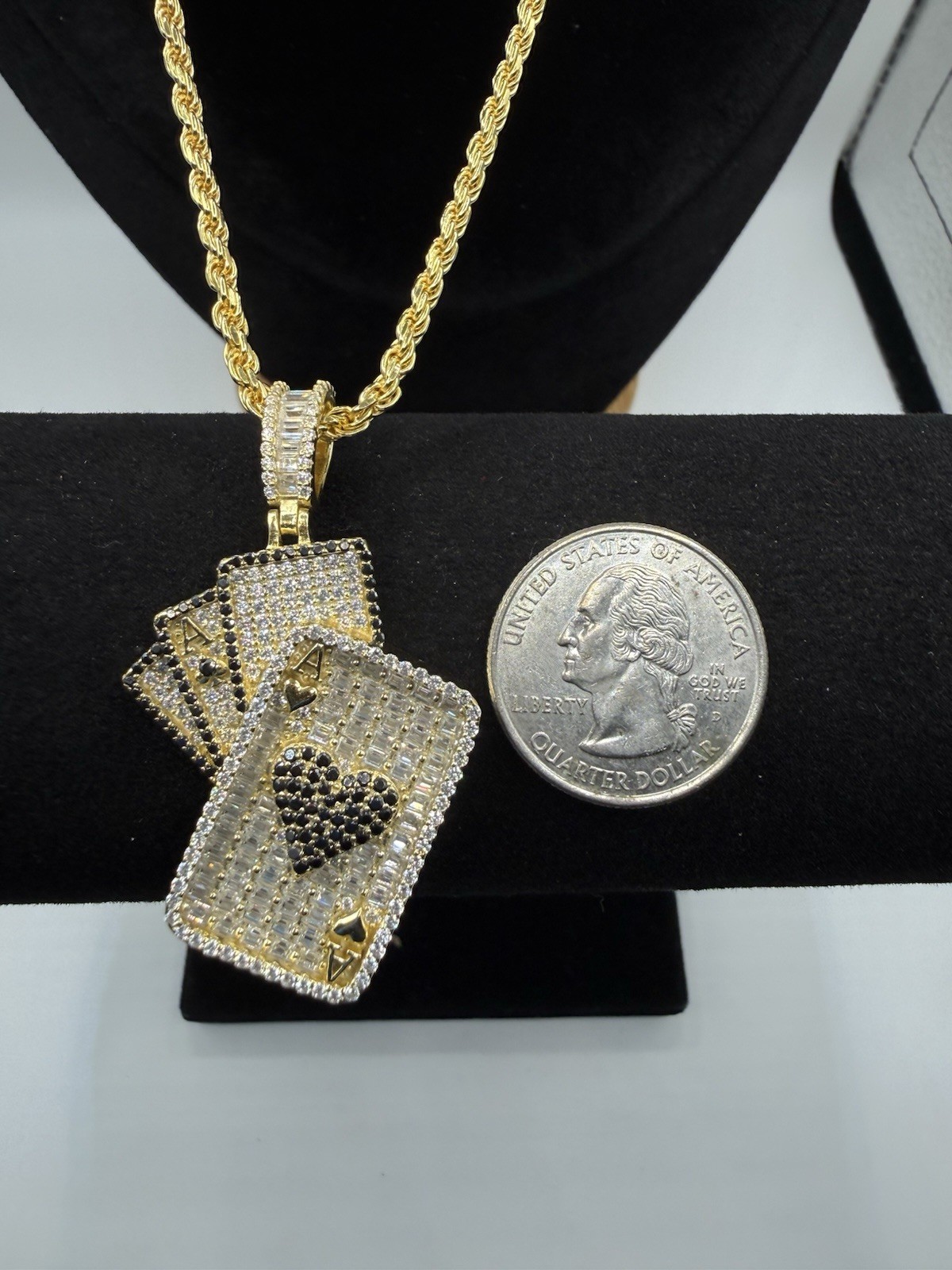 Moissanite Ace Cards Pendant w/ 20” Rope Chain-Gold Over 925 Silver