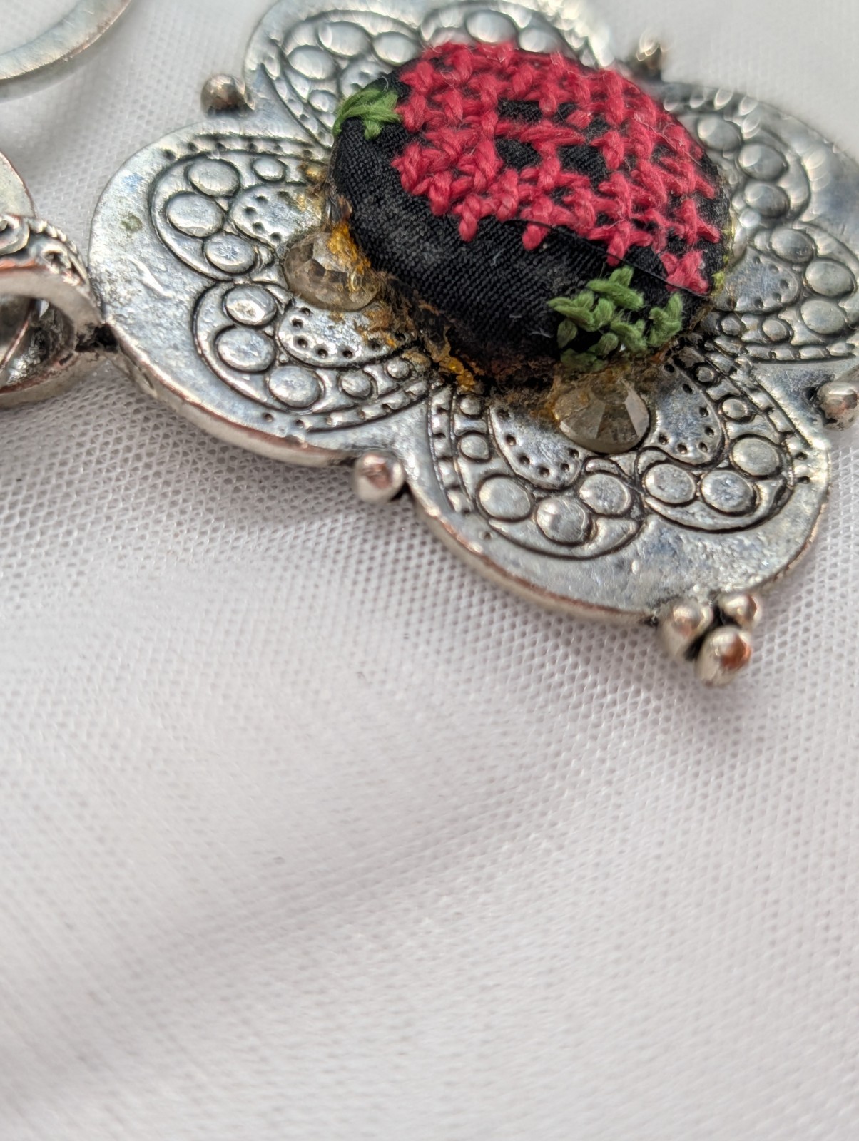Vintage H. DUBIN Signed Silver Tone Quatrefoil Cross Stitch Embroidered Flower