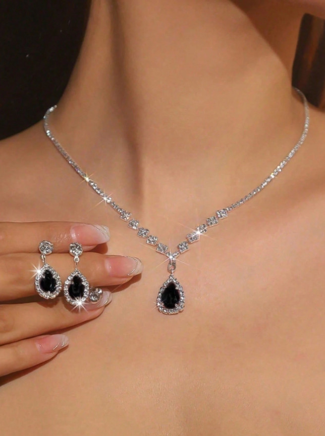 3 PCS New Women’s Silver Plated Zircon Pendant Necklace & Earring Jewelry Set US