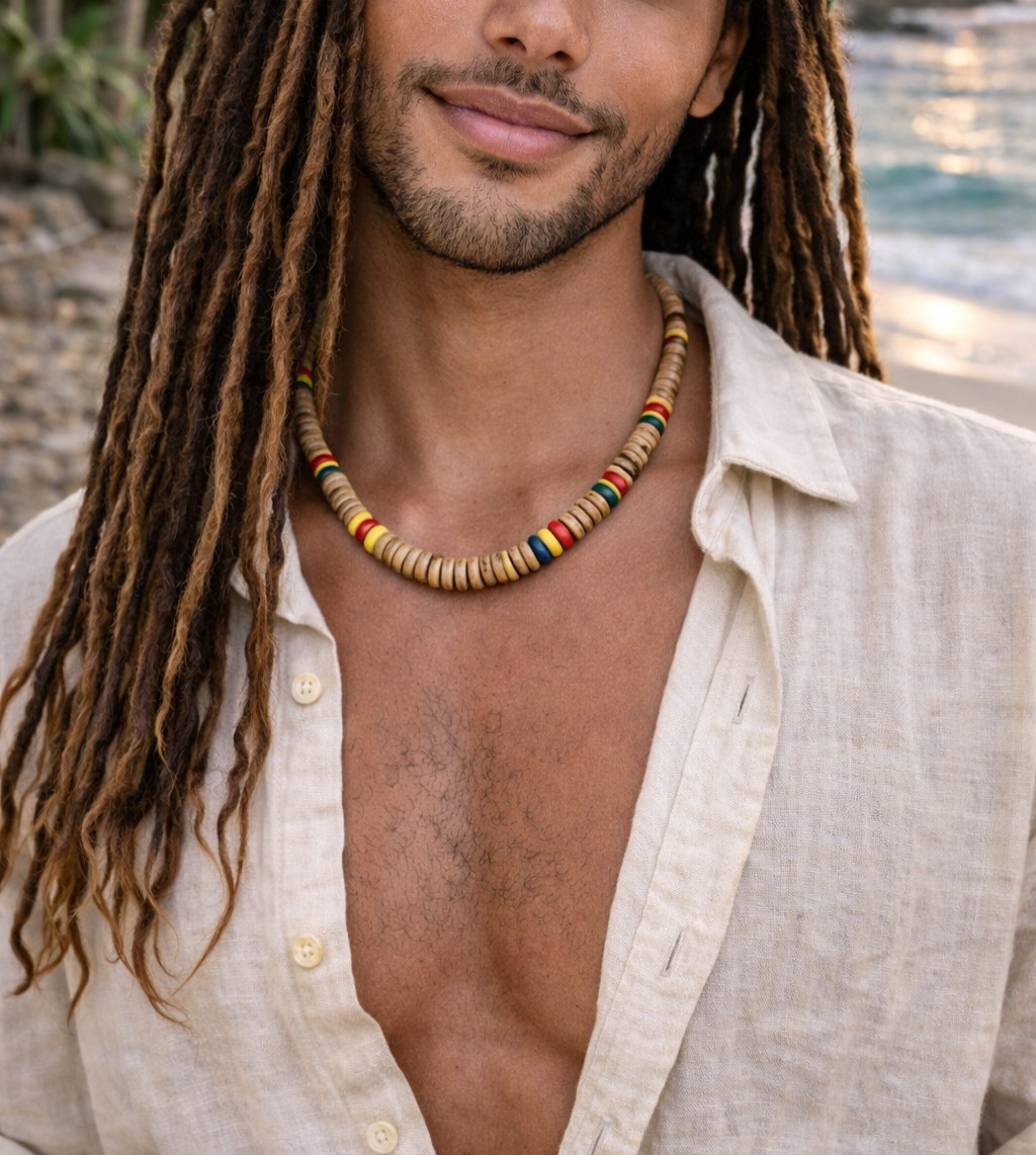 Handcrafted Rasta-Inspired Wooden Necklace – Unisex, 19″ or 23″, Boho Style