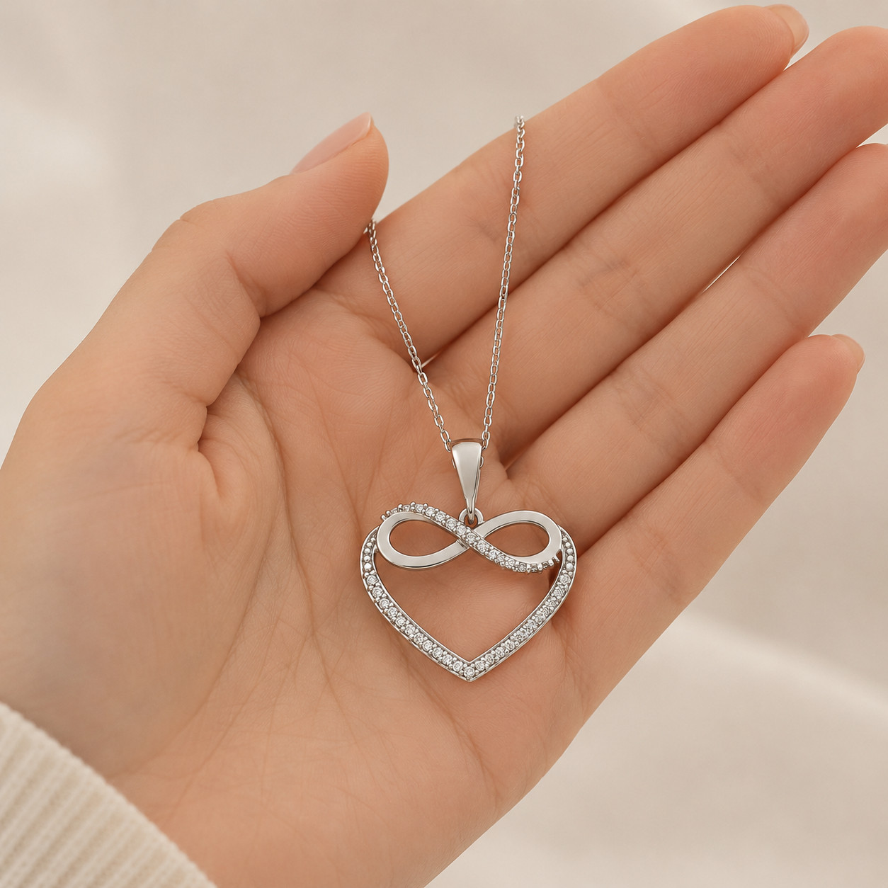925 Silver Infinity Love Heart Pendant Necklace Cubic Zirconia Rhodium Finish
