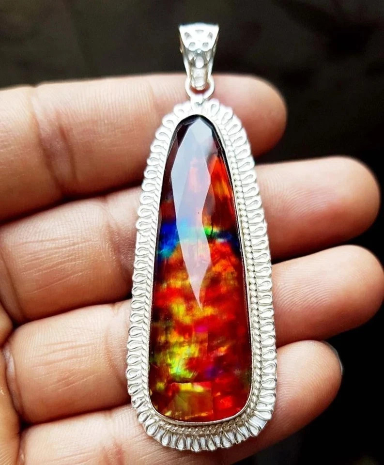 Certified 87.85 Ct Natural Ammolite 925 Solid Silver Fancy Cut Pendant Gemstone