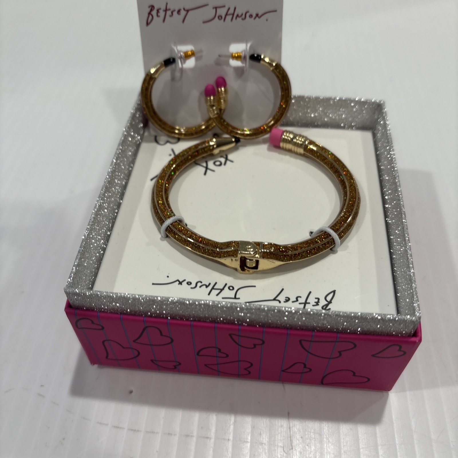 New BETSEY JOHNSON Gold Glitter Pencil Shape Loop Earrings