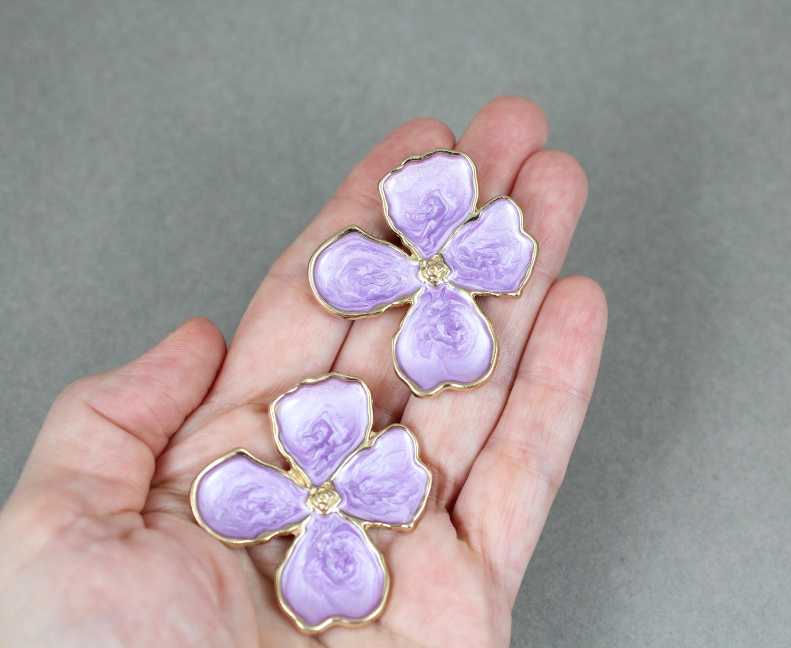 purple Big flower earrings enamel stud post daisy petal 1 .75″ long dogwood