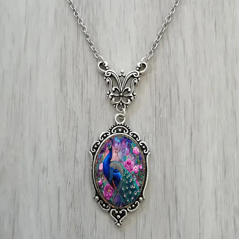 Peacock Ornate Silver Necklace Bird Jewelry Vintage Silvery Pendant
