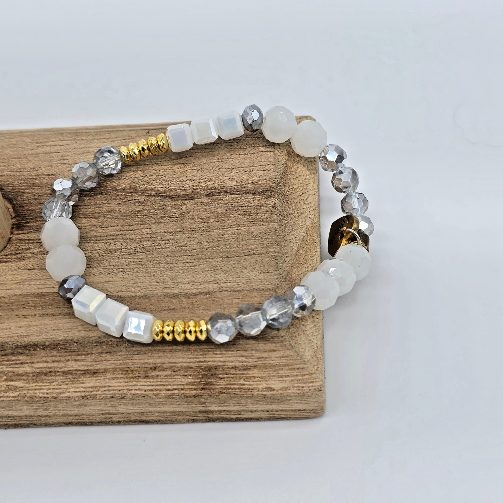 Erimish Cloud White Clear and Silver Ombre Crystal Stretch Bracelet Gold Accents