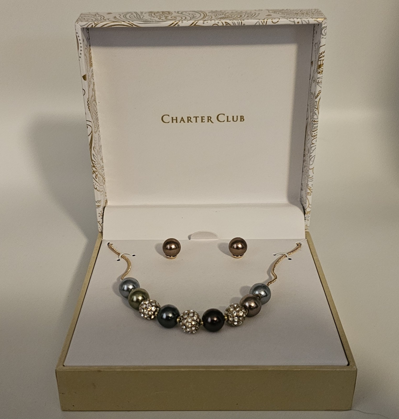 Charter Club Crystal & Faux Pearl Necklace Earring Set 17 in plus ext
