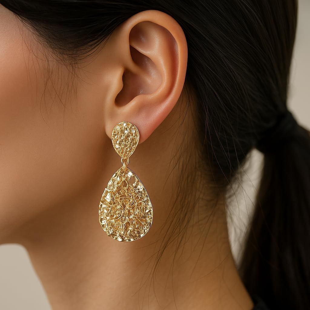 Teardrop Clip on Earrings for Women, Chunky Statement Geometric Textured Earring