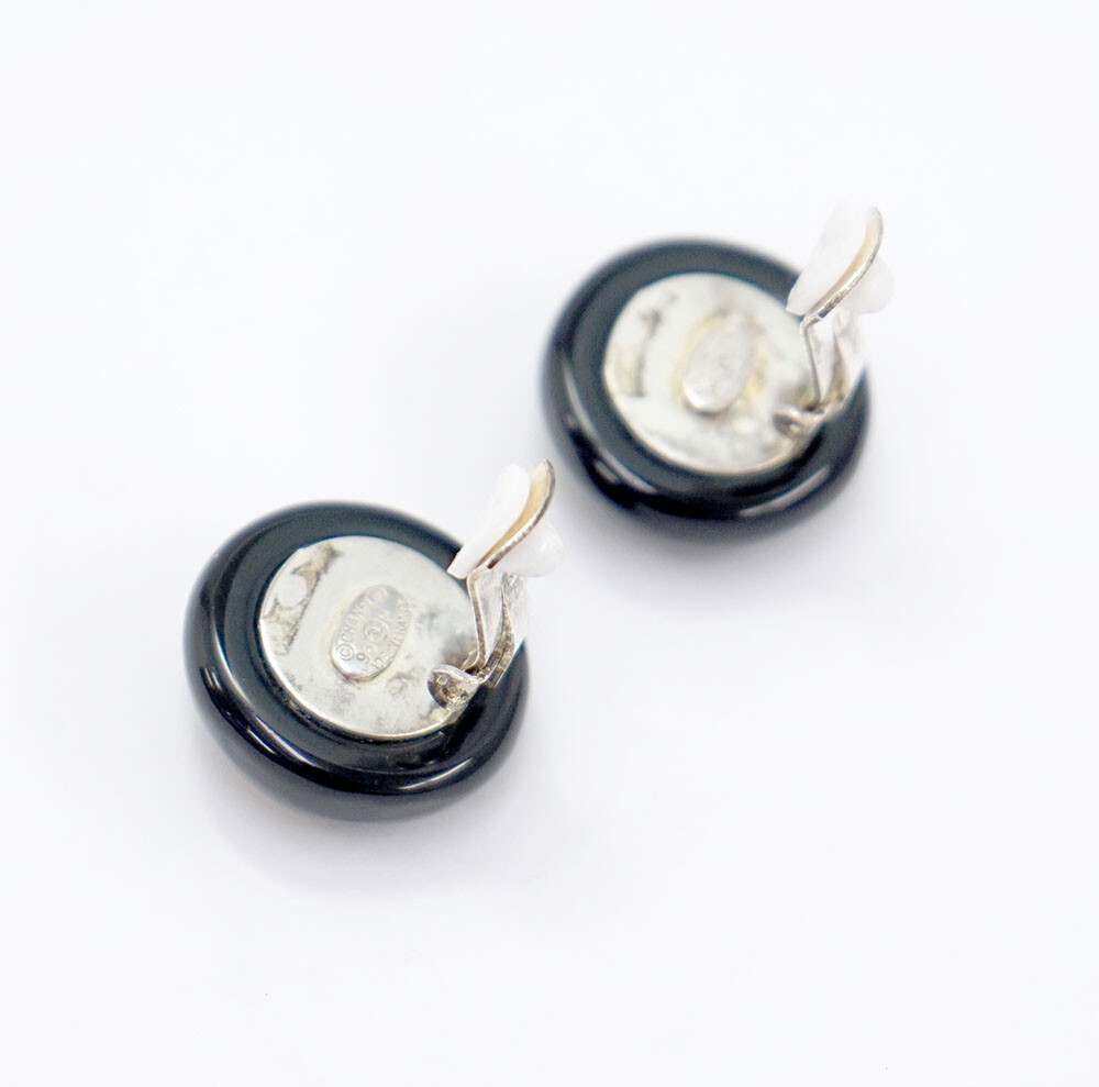 CHANEL CC Logos Black Round Clip-On Earrings Silver Tone 96P Auth #11584-5