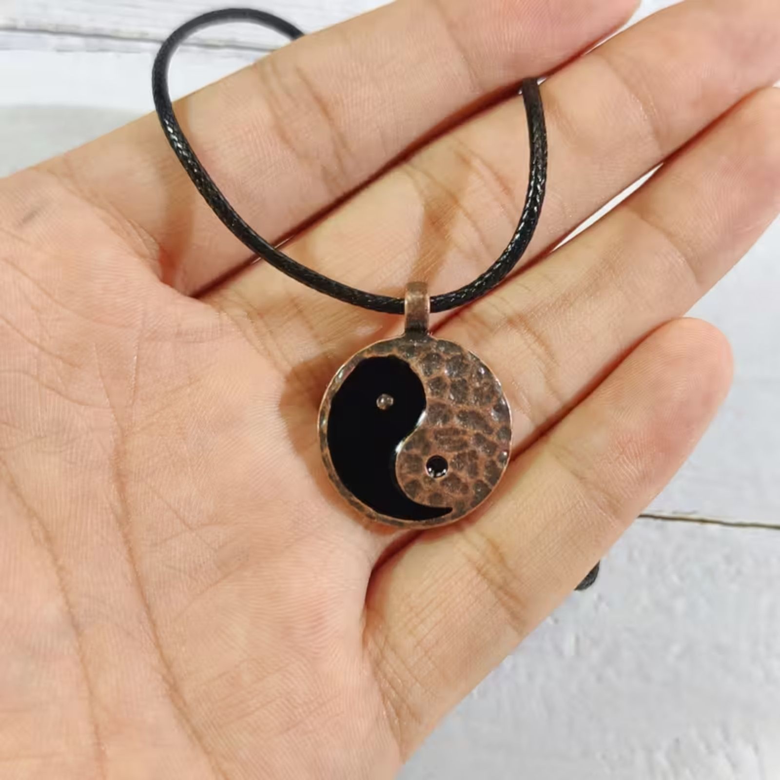 Ying Yang Charm Pendant Necklace Round Tai Chi Boho Chinese Amulet 2-Tone Vintge