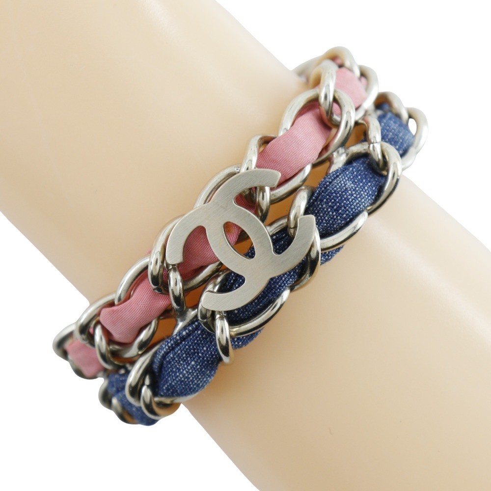 CHANEL COCO Mark Bracelet Chain 2 Silver/Blue / pink metallic/denim 53g Women