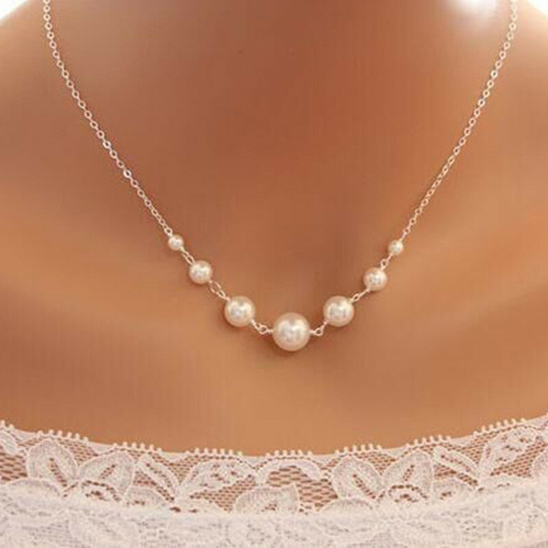 White Pearl Droplet Necklace Choker Simple Dainty Silver Chain Bride Simple New