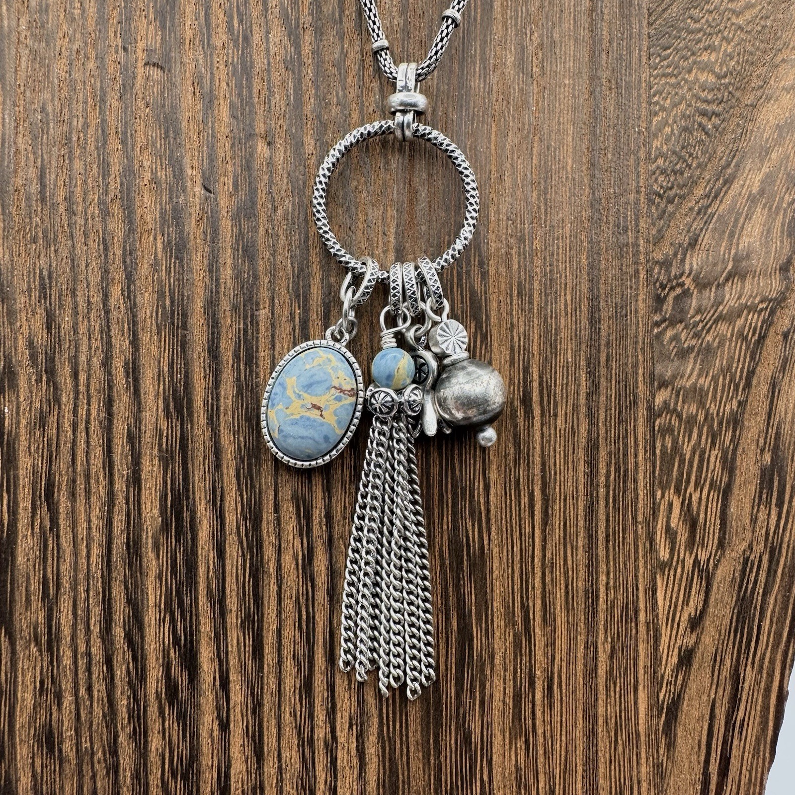 Silvertone Chain Necklace Metal Blue Cabochon And Metal charms Adjustable Slider